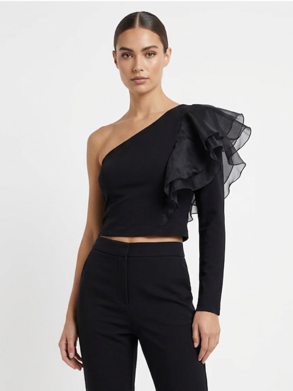 NWT zara black asymmetrical one shoulder ruffled top size L